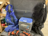 COOLER & TOTE OF WINTER BIB, GLOVES, WINTER COVERALLS (FR)