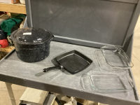 BOX WITH CANNER, FRY PAN, GLASS CAKE PANS