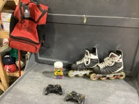 BOX W/BACK PACK, ROLLER BLADES, PAINTBALL PELLETS, GAME CONTROLLERS