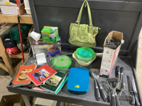 3 BOXES, CONTAINERS, COOKING UTENSILS, RECIPE BOOKS, LAMP, ETC