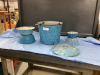 ANTIQUE ENAMEL WARE BLUE PIECES - BUCKET, (2) FLUTED BOWLS, (2) SMALLER BOWLS