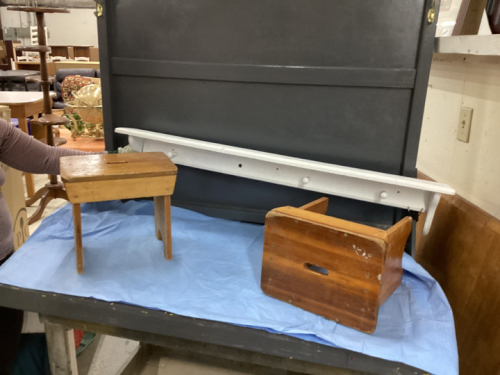 (2) WOOD STEP STOOLS & WOOD SHELF W/ HOOKS