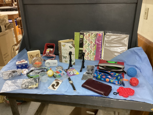 BOX OF CRAFTING SUPPLIES, CURTAIN ROD HOLDERS, PENCIL CRAYONS ETC