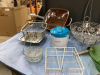 BOX W/ GLASS BOWLS, SINGLE SERVE CROCK POT, NAPKIN HOLDER, CERAMIC BIRDS, FRUIT BOWL/BANADA HOLDER, COPPER CHEF POT W/LID - 2