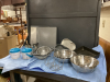 BOX OF BAKING ITEMS - COOKIE SHEETS, CAKE PAN, STAINLESS MIXING BOWLS & COLANDER, (2) SINGLE SERVER CROCK POTS