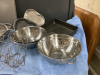 BOX OF BAKING ITEMS - COOKIE SHEETS, CAKE PAN, STAINLESS MIXING BOWLS & COLANDER, (2) SINGLE SERVER CROCK POTS - 2