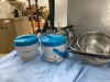BOX OF BAKING ITEMS - COOKIE SHEETS, CAKE PAN, STAINLESS MIXING BOWLS & COLANDER, (2) SINGLE SERVER CROCK POTS - 4