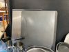 BOX OF BAKING ITEMS - COOKIE SHEETS, CAKE PAN, STAINLESS MIXING BOWLS & COLANDER, (2) SINGLE SERVER CROCK POTS - 5