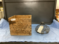 ANTIQUE BUTTER BOX AND METAL FRAMED CANDLE HOLDER