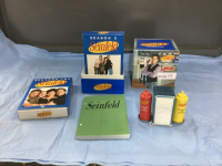 SEINFELD COLLECTION - DVD'S SALT & PEPPER AND MINI NAPKIN HOLDER, SCRIPT BOOK IN STORAGE BOX