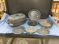 ENAMELWARE ROASTER, PANS, PLATES,