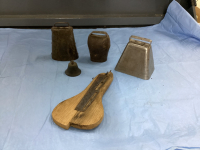 (3) COW BELLS, SMALL BRASS BELL, ANTIQUE CUTTER