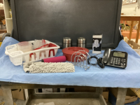 BOX W/ PLASTICWARE, DISH DRYING RACK, MOP HEAD, THERMOSES, TORTILLA WARMER,ETC
