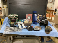 BOX W/ MISC HOUSEHOLD ITEMS - BATTING HELMET, CRAFT STAMPS, ENCYCLOPEDIA, GAMES, POKER CHIP CADDY
