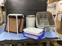 (3) LAUNDRY BASKETS (ALL HAVE BREAKS), SHOWER STOOL, IKEA GARBAGE CANJ, CORK BOARDS