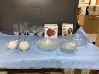 WINE GLASSES, "GOLF BALL" LOOK CREAM & SUGAR, GLASS SALAD BOWL SET, GLASS COVERED CANDY DISH, (2) "DASH" MINI COOKERS