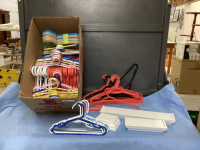 BOX OF HANGERS & (3) SMALL WHITE FLOATING SHELVES