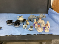 SMALL BOX OF ORNAMENTS - CHERUBS, CATS, ELEPHANTS, POTTERY CREAM & SUGAR,