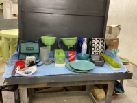 BOX W/ YETI COOLER BAG, (2) BRITA WATER JUGS, WATER BOTTLES, UTENSIL HOLDER