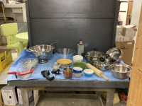 BOX W/ MISC KITCHEN ITEMS - STAINLESS POTS & BOWLS, GLASS BOWLS, STAINLESS COLANDER, KNIFE SHARPENER,CERAL BOWLS, CONDIMENT DISHES