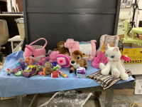 BOX OF STUFFIES, EASTER BASKET, NEW BLANKET &. PILLOW SET, MY LITTLE PONIES