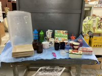 MISC HOUSEHOLD ITEMW W/ GOOD TOTE W/ LID AND HONEYWELL. HUMIDIFIER