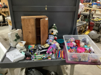 2 ITEMS- SMALL WOOD CABINET , TOTE W/STUFFIES, LEGO, SNOT SUCKERS, TOY CARS, I CAN READ