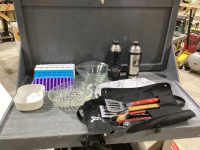 2 BOXES-ICE CUBE TRAYS, SERVING BOWLS, THEMOES, TRAY, BBQ TOOLS,
