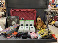 1 GOOD LIDDED TOTE W/INDOOR CAMERAS,THERMAL LABELS + LABEL MAKER, ALF STUFFY