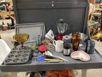 2. BOXES- HAND MIXER, BLENDER, WILTON COOKIE SHEETS, MUFFIN TINS, KITCHEN GADGETS