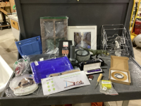 BOX W/PICTURE FRAMES, MOUSE PAD, RESISTANT BANDS, BAGS, NOSE TRIMMER, HEAVY BOWL, PEN SET