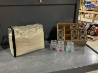 2 ITEMS - BOX W/COLOURED GLASSES + ELECTRIC BLANKET