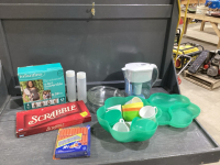 BRITA WATER PITCHER, TUPPERWARE CHIP/DIP, SCRABBLE, PIE PLATES, NERF BULLETS, BABY BACKPACK