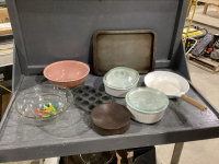 CASSEROLE DISHES, SERVING BOWLS, COOKIE SHEET, FRYING PAN,BAG CLIPS, MINI MUFFIN TIN