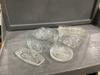 GLASS CANDY + PICKLE DISHES, 2 LIQUOR GLASSES