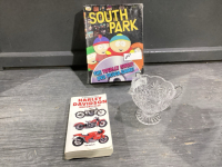GLASS PITCHER, SOUTHPARK DVD TRIVIA GAME, HARLEY DAVIDSON BOOK
