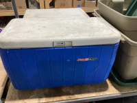 SHELF #10 - 2 COOLERS + 2 LIDDED TOTES - ONE LID CRACKED