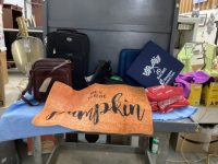 TOTE W/ DUFFEL BAGS, BATH MAT, CUSHION, CARRY-ON SUITCASE