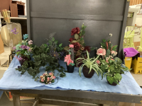 BOXFUL OF ARTIFICIAL FLOWERS IN POTS