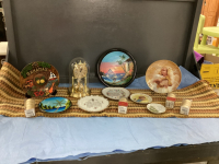 BOX W/ COLLECTIBLE PLATES, TABLE RUNNER, ANNIVERSARY CLOCK