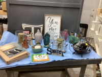 MISC DECOR - CANDLES, LIGHTED HAT RACK, WIRE BASKET,