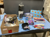 BOX W/ EXTENSION CORDS, HEATED BACK MASSAGER, DR. HO, ELECTRIC SCISSORS, PRINTER INK, PUZZLES