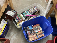 (2) LIDDED TOTES W/ VHS MOVIES & CASSETTE TAPES
