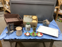 WHITE SERVING TRAY ON METAL STAND, GLASS JARS, (2) SMALL BASKETS, BIRD SEED HOUSE, SCENTSY BURNER