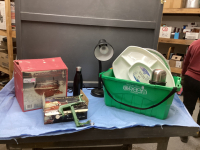 GREEN TOTE W/ PORKERT #8 MEAT GRINDER, WOOD/GLASS CANDY DISPENSER, APPLE CORER,