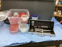 SMALL TOTE OF PLASTIC STORAGE CONTAINERS, (1) TUPPERWARE CONTAINER, AND A BBQ SET