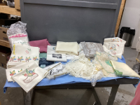 VARIETY OF TABLECLOTHS/LINENS AND DOILIES, DISH TOWELS DECORATED W/ ARTEX PAINT