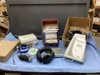 (3) BOXES W/ DVD'S, PORTABLE DVD PLAYER, HEADPHONES, (2) WALL MOUNT ANTENNAS
