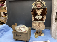 FRANKLIN MINT HEIRLOOM COCA COLA PORCELAIN COLLECTOR DOLL - "SARAH" W/ A WOOD CRADLE AND DOLL