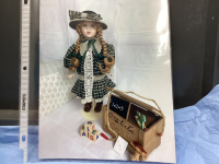 FRANKLIN MINT HEIRLOOM COCA COLA PORCELAIN COLLECTOR DOLL - "ELISA" WITH WOOD TOY CHEST & TOYS